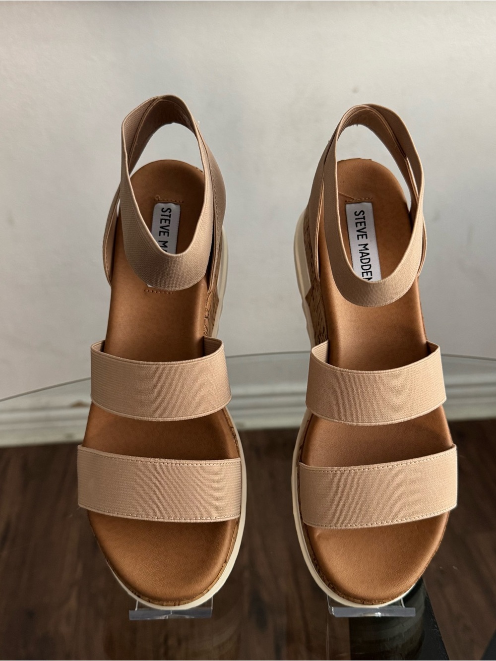 Steve Madden Beige Elastic Strap Wedge Sandals